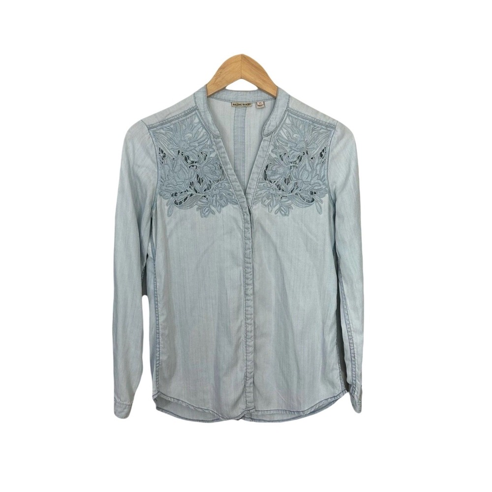 Holding Horses Chambray Shirt Women's Size XS Lyocell Blue V Neck Embroidered